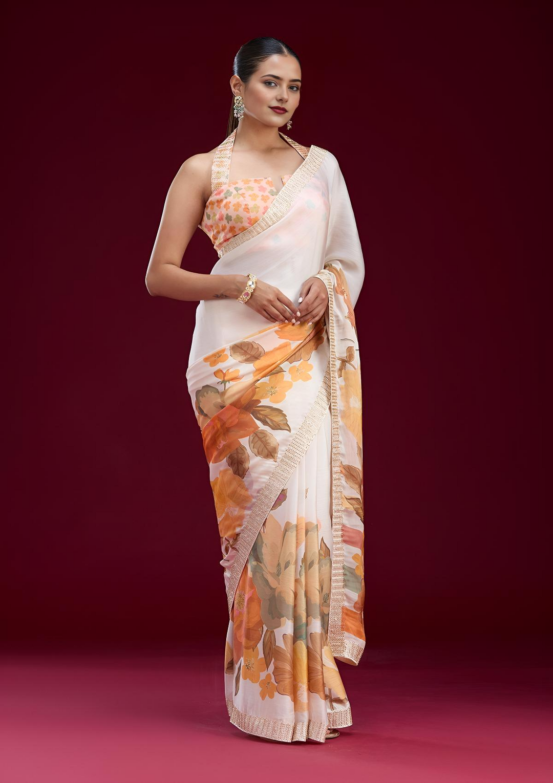 Cream Cutdana Chiffon Saree