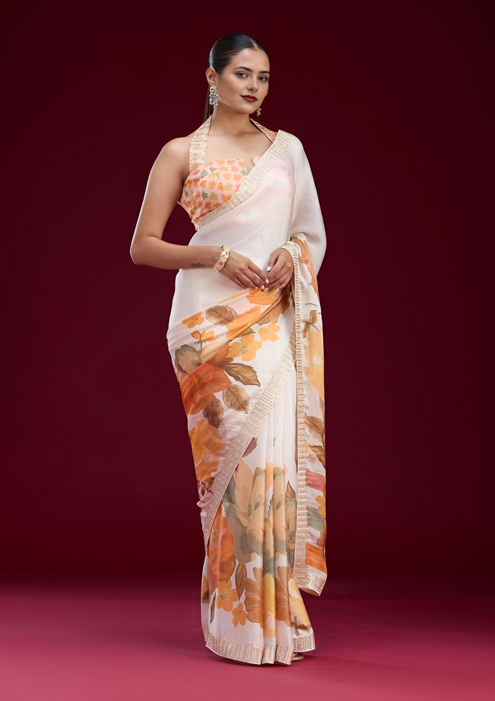 Cream Cutdana Chiffon Saree