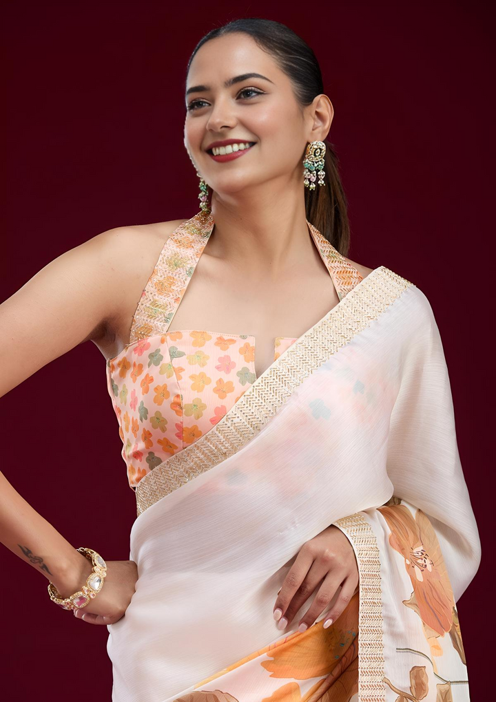 Cream Cutdana Chiffon Saree