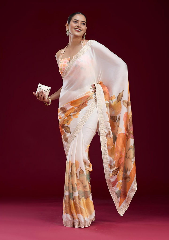 Cream Cutdana Chiffon Saree