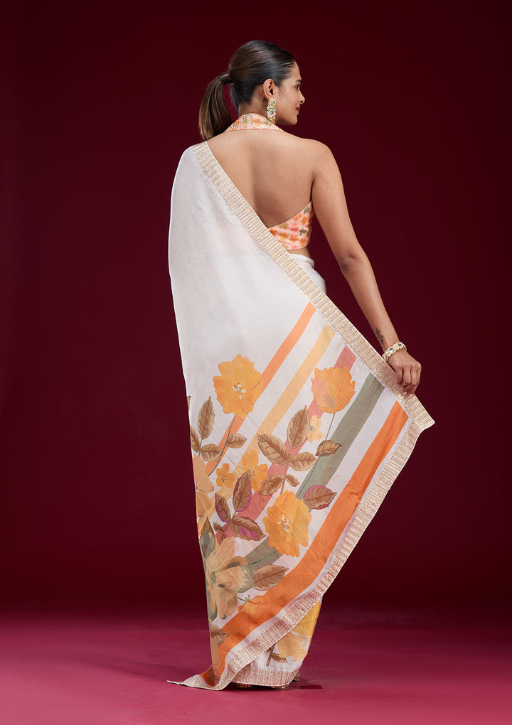 Cream Cutdana Chiffon Saree