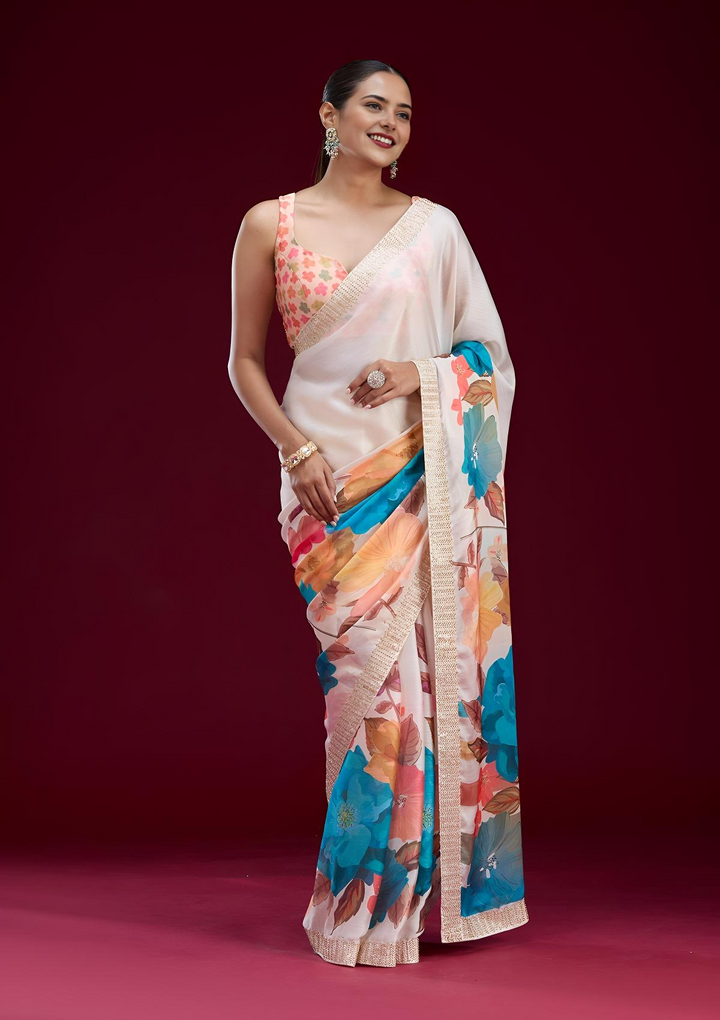 Cream Cutdana Chiffon Saree