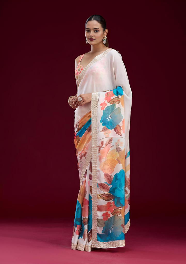 Cream Cutdana Chiffon Saree