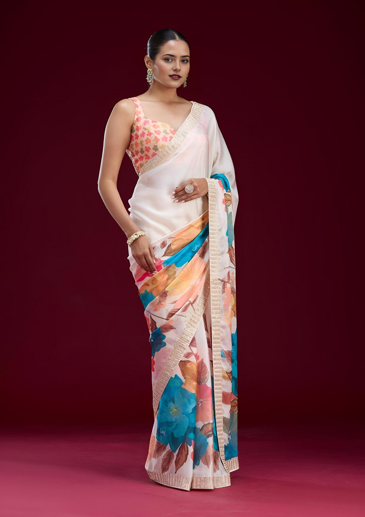 Cream Cutdana Chiffon Saree