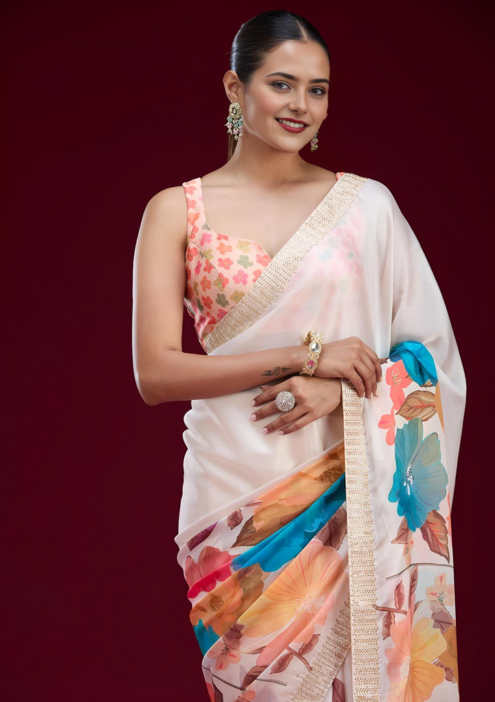 Cream Cutdana Chiffon Saree