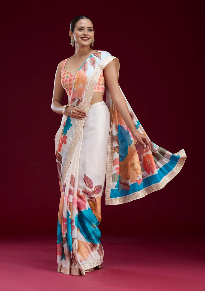 Cream Cutdana Chiffon Saree