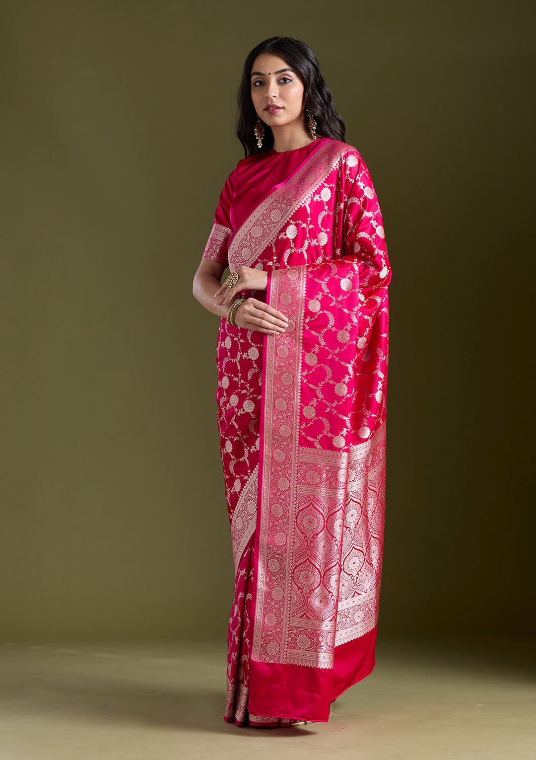 Rani Pink Zariwork (Silver) Banarasi Silk Saree