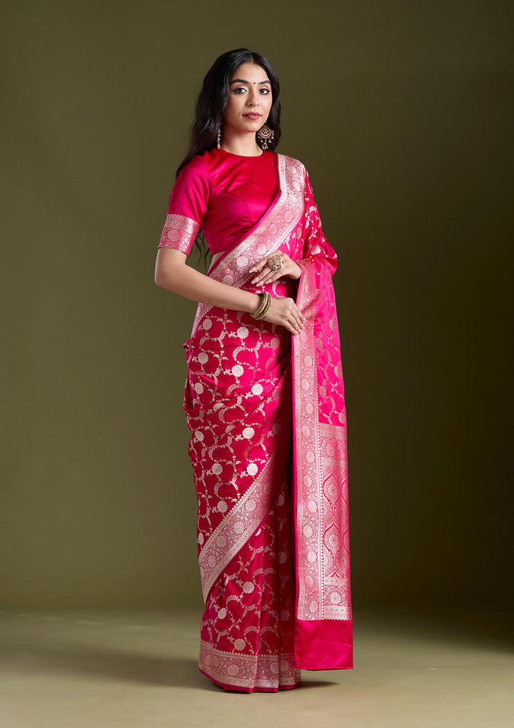 Rani Pink Zariwork (Silver) Banarasi Silk Saree