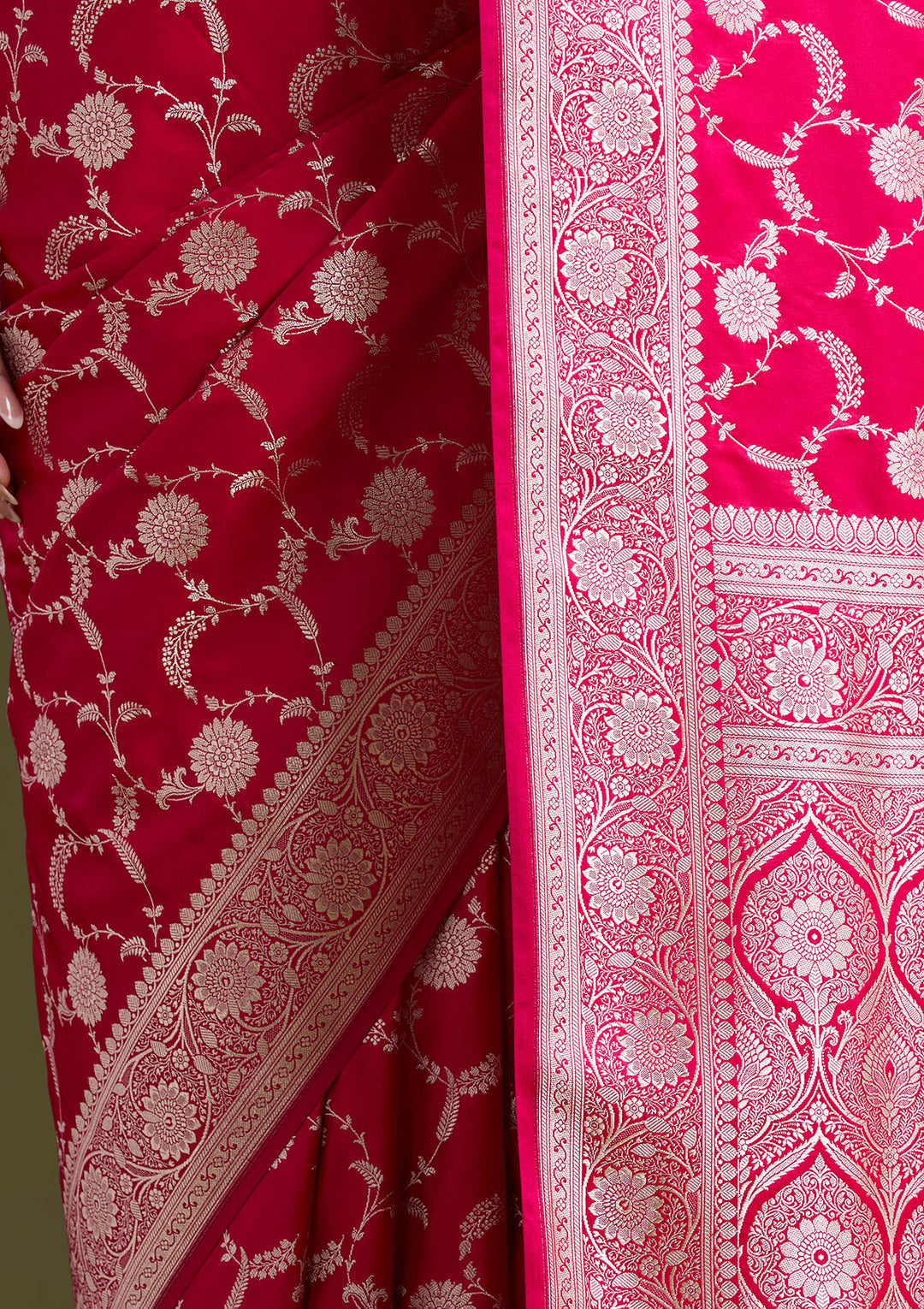 Rani Pink Zariwork (Silver) Banarasi Silk Saree