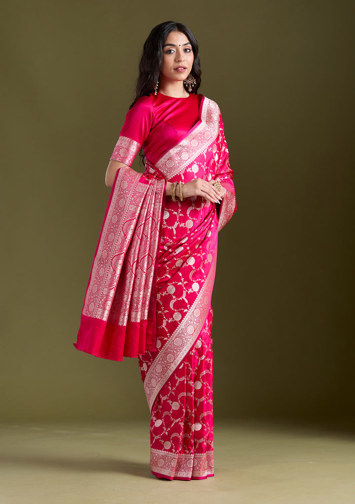 Rani Pink Zariwork (Silver) Banarasi Silk Saree