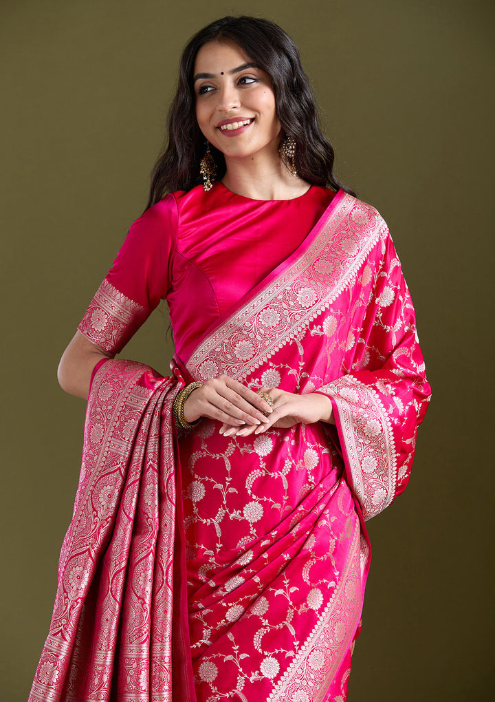 Rani Pink Zariwork (Silver) Banarasi Silk Saree