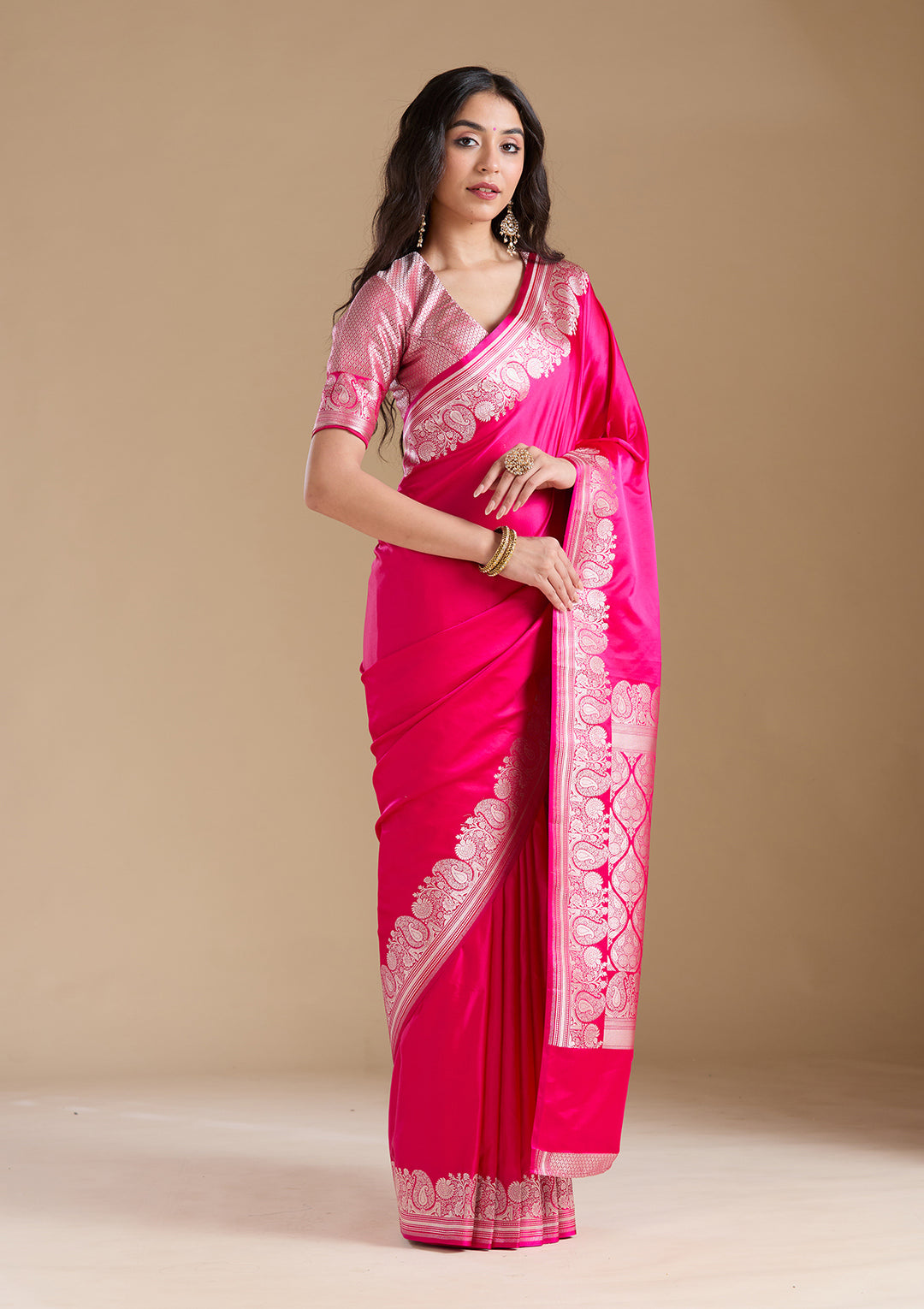 Rani Pink Zariwork (Gold) Banarasi Silk Saree