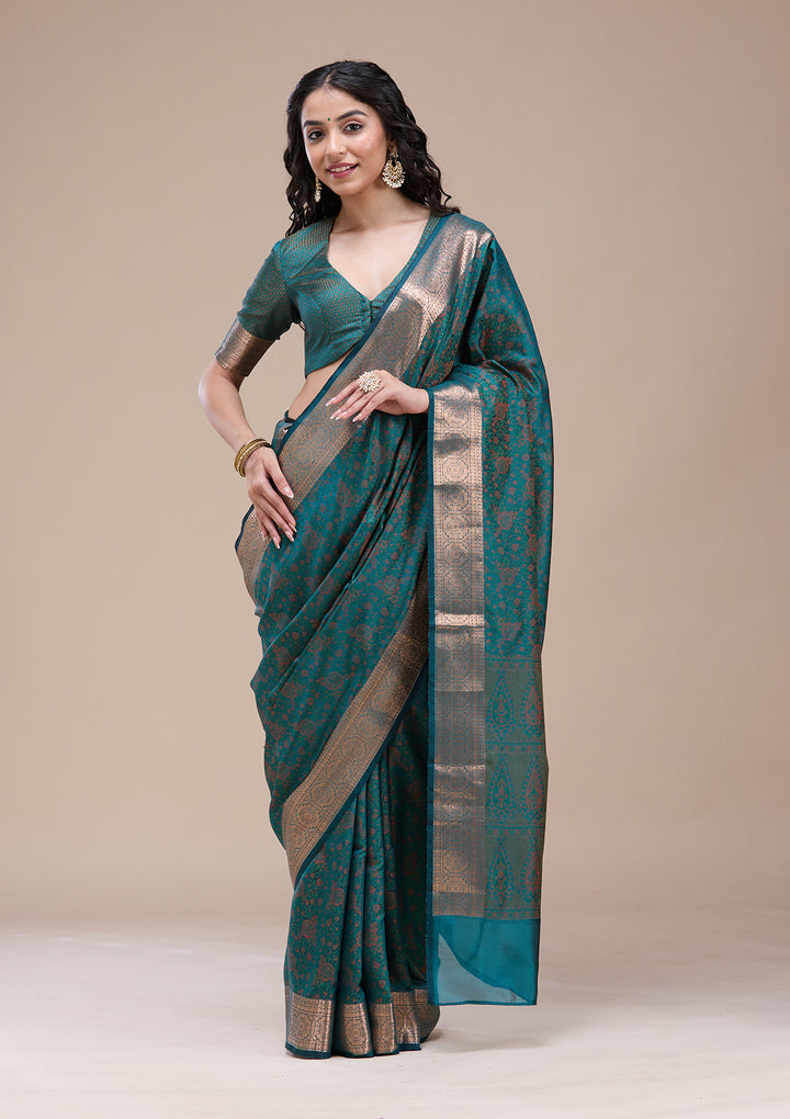 Bottle Green Zariwork (Gold) Banarasi Silk Saree