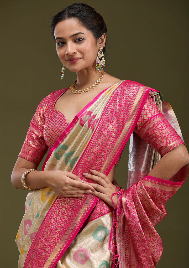 Magenta Pink Zariwork (Gold) Silk Saree