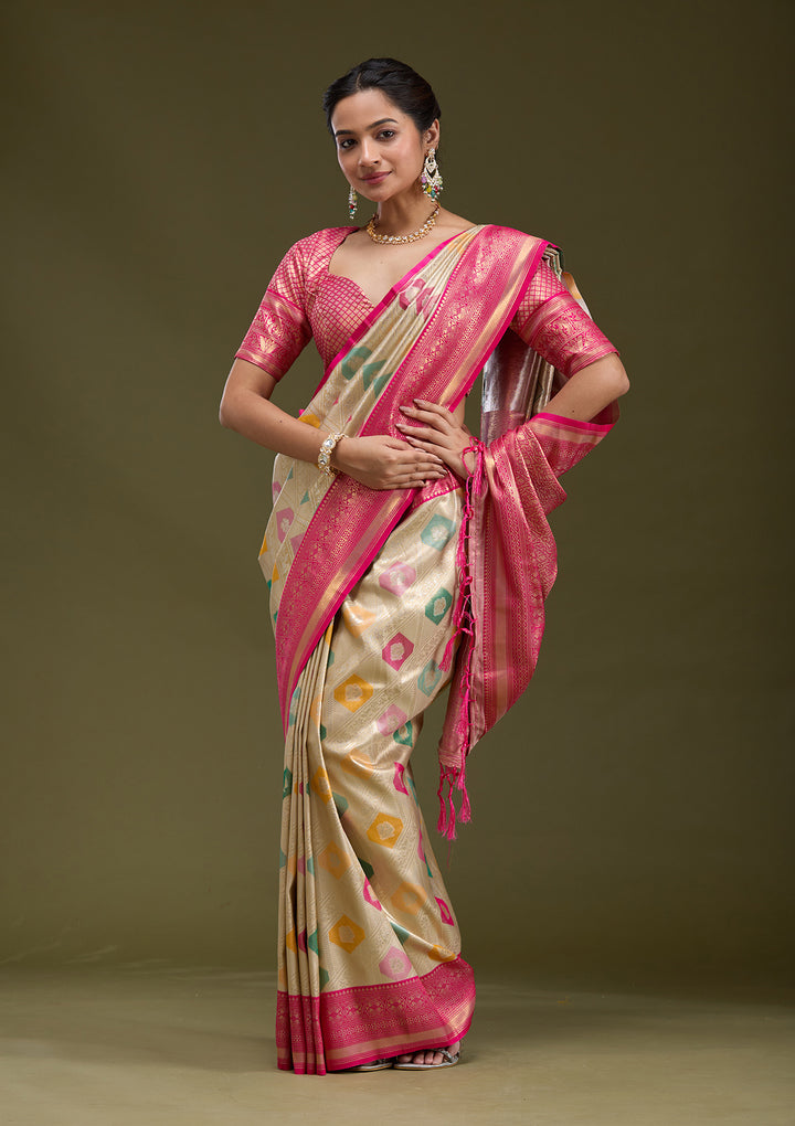 Magenta Pink Zariwork (Gold) Silk Saree