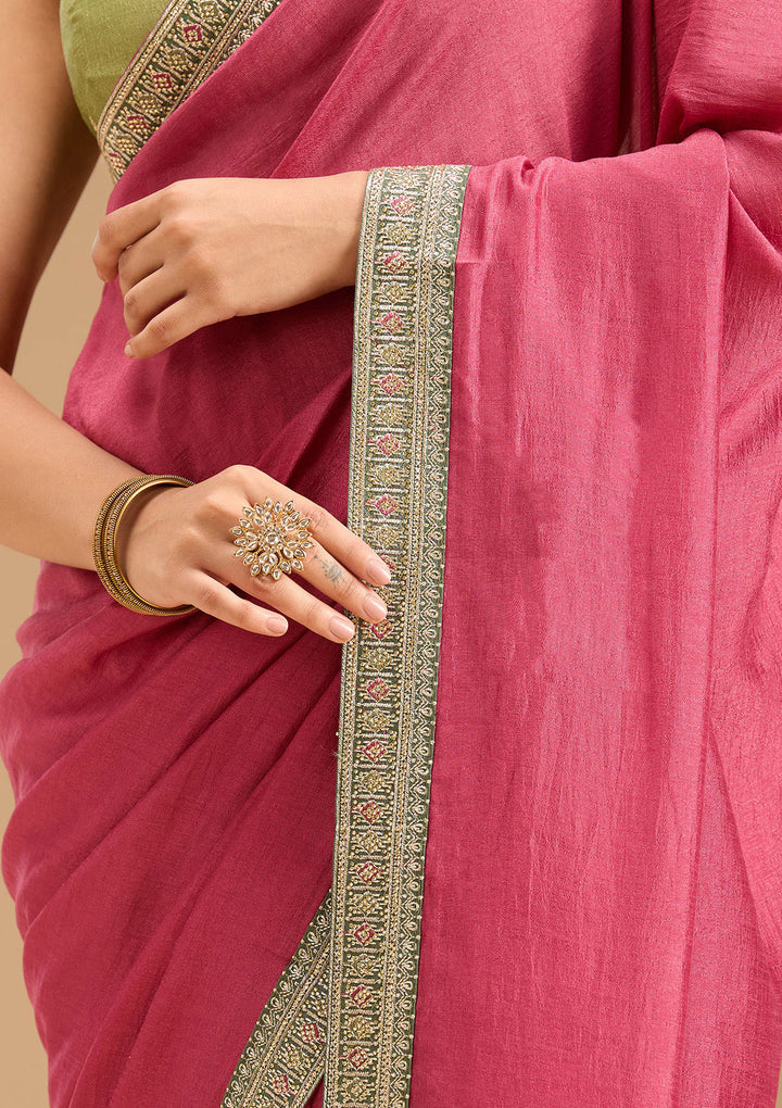 Onion Pink Gold Zariwork Soft Raw Silk Saree
