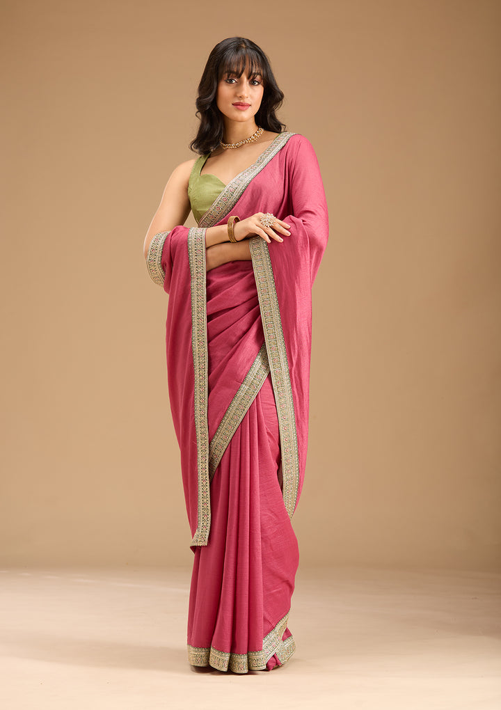 Onion Pink Gold Zariwork Soft Raw Silk Saree
