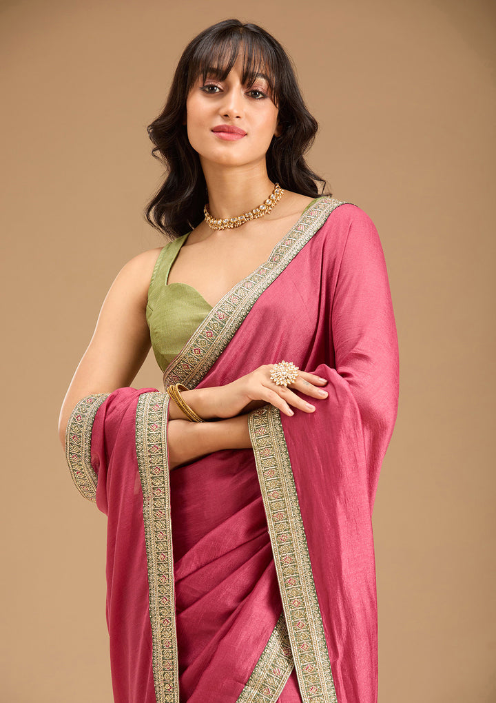 Onion Pink Gold Zariwork Soft Raw Silk Saree