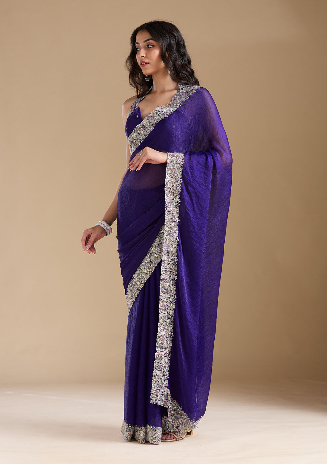 Violet  Zariwork (Silver) Chiffon Saree