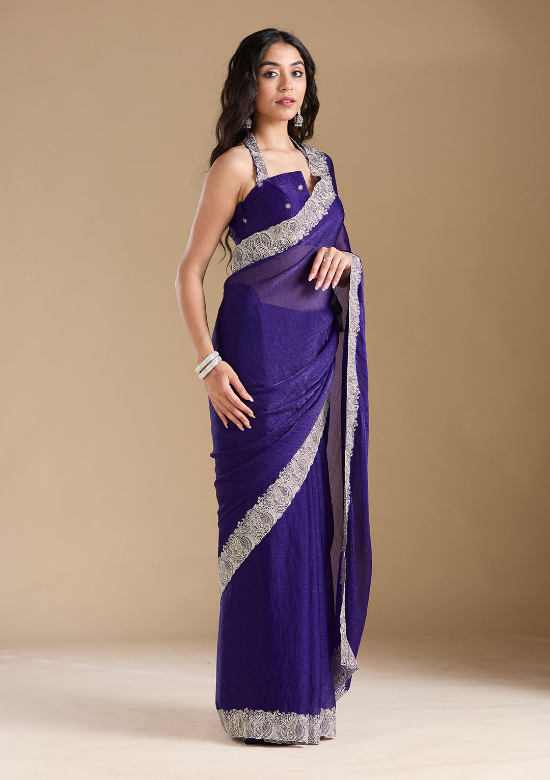 Violet  Zariwork (Silver) Chiffon Saree