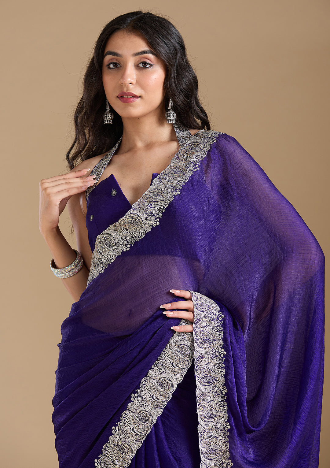 Violet  Zariwork (Silver) Chiffon Saree