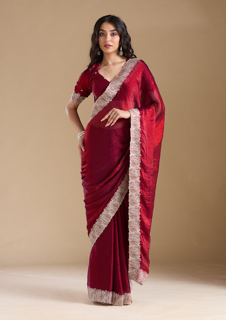 Wine Zariwork (Silver) Chiffon Saree