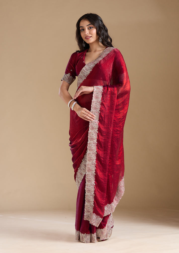 Wine Zariwork (Silver) Chiffon Saree