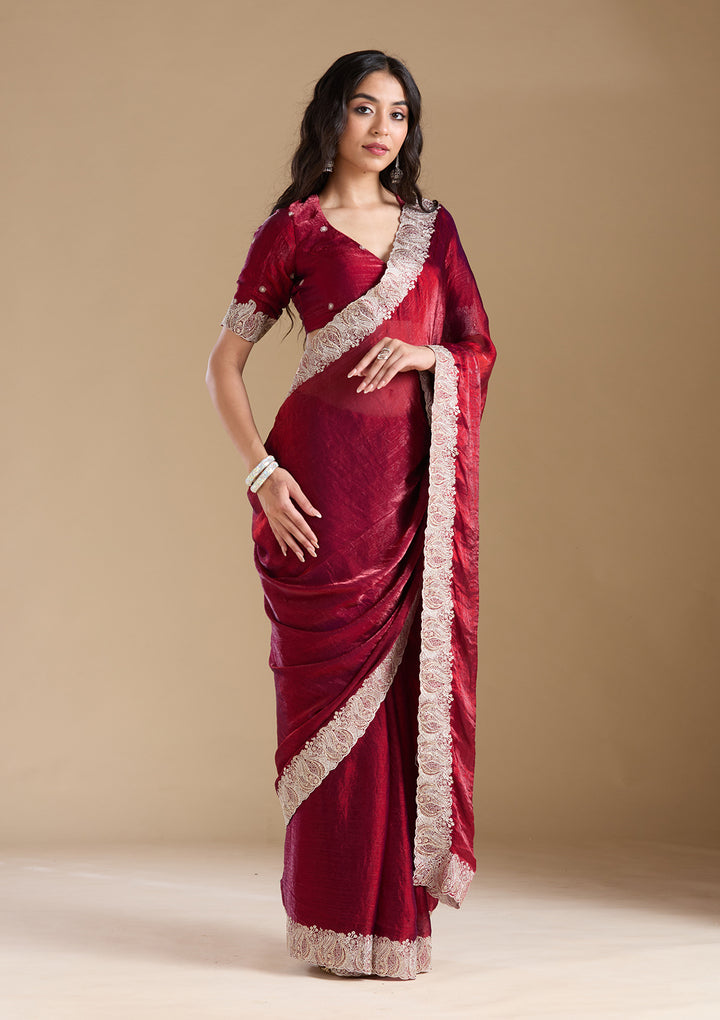 Wine Zariwork (Silver) Chiffon Saree