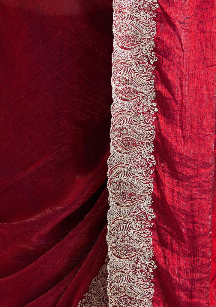 Wine Zariwork (Silver) Chiffon Saree