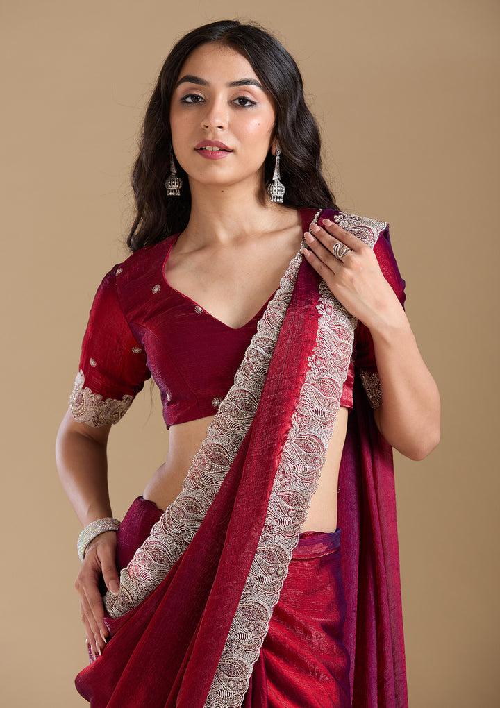 Wine Zariwork (Silver) Chiffon Saree