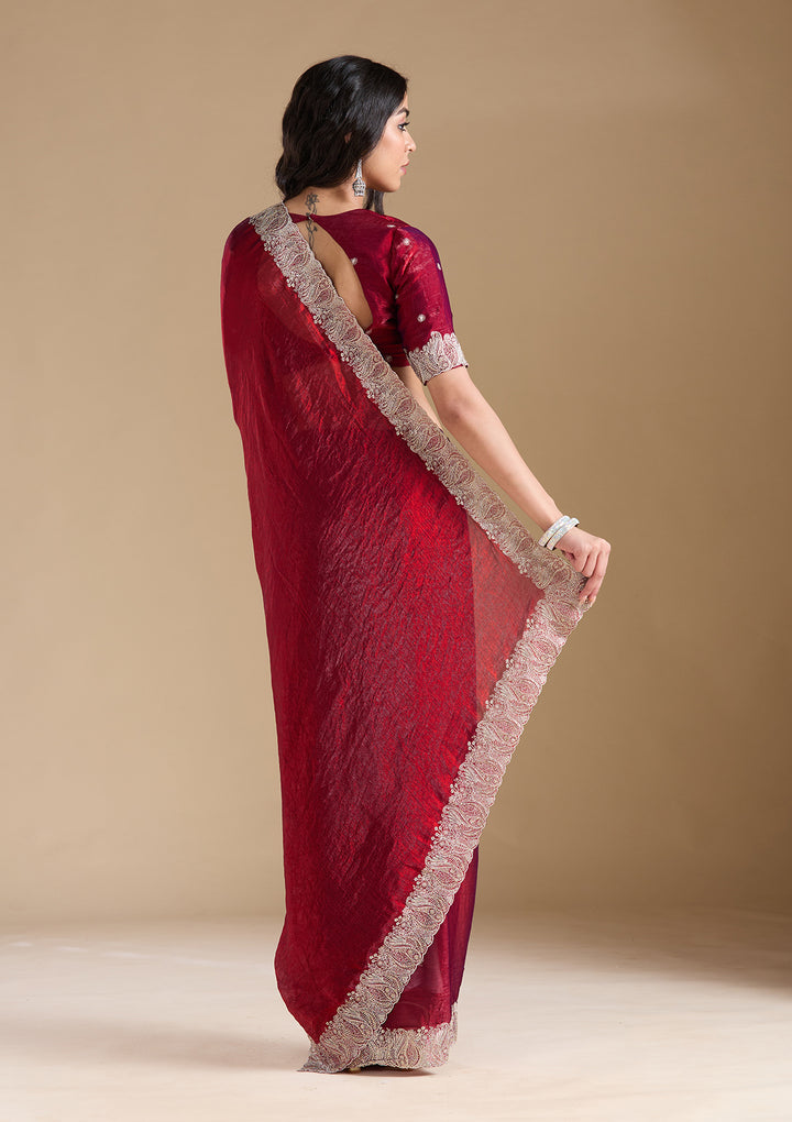 Wine Zariwork (Silver) Chiffon Saree
