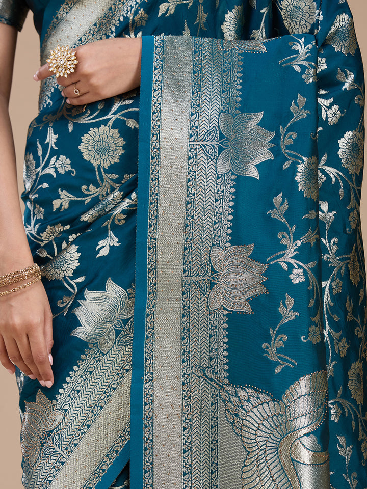 Peacock Blue Stonework Silk Saree