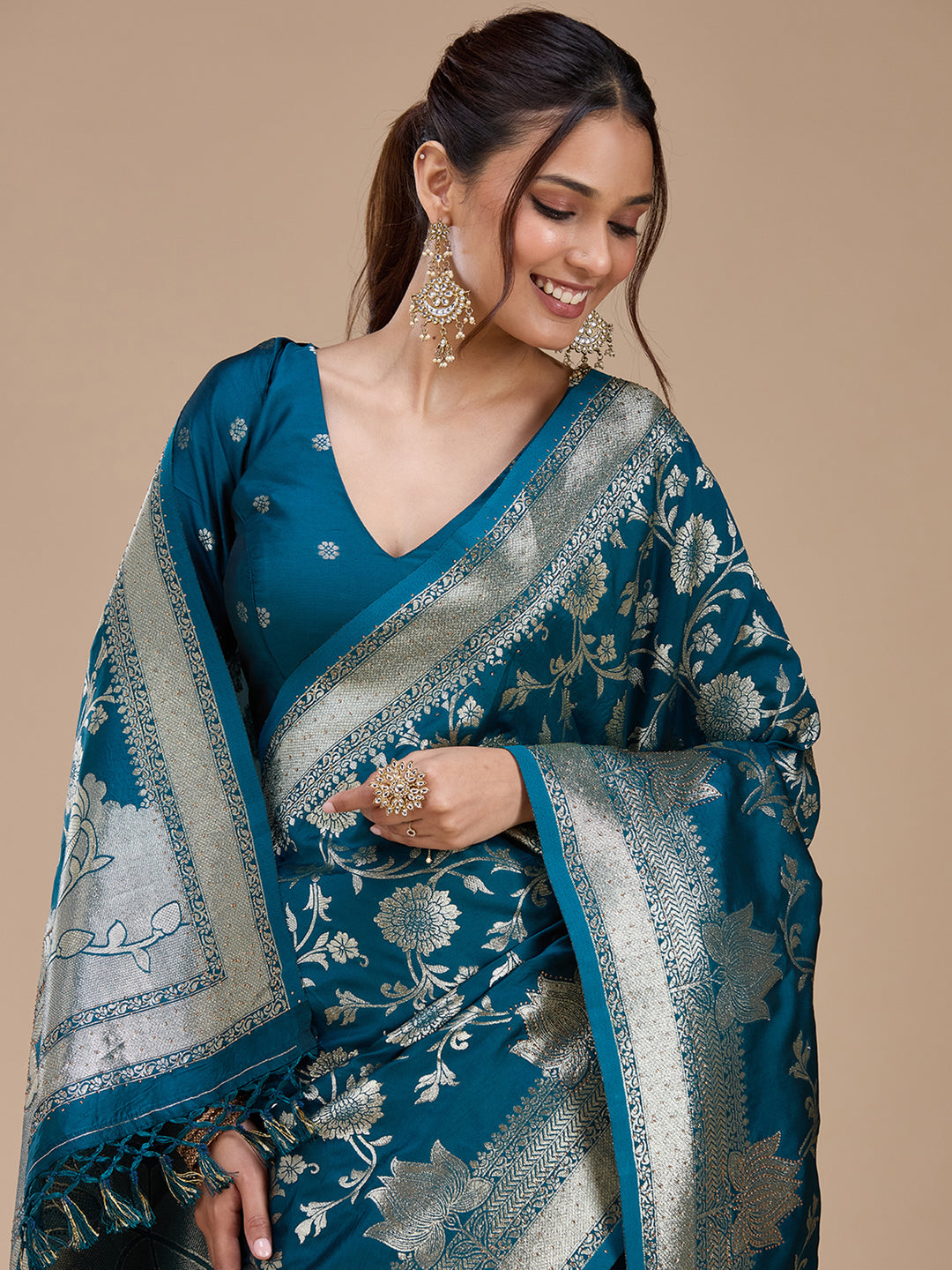 Peacock Blue Stonework Silk Saree