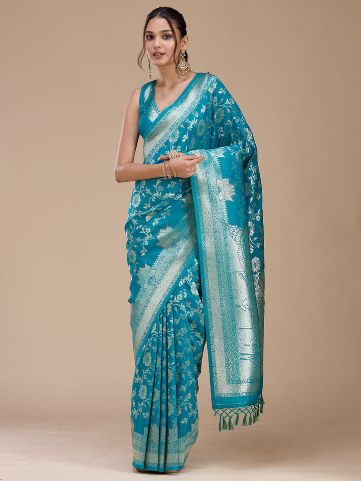 Turquoise Blue Stonework Silk Saree