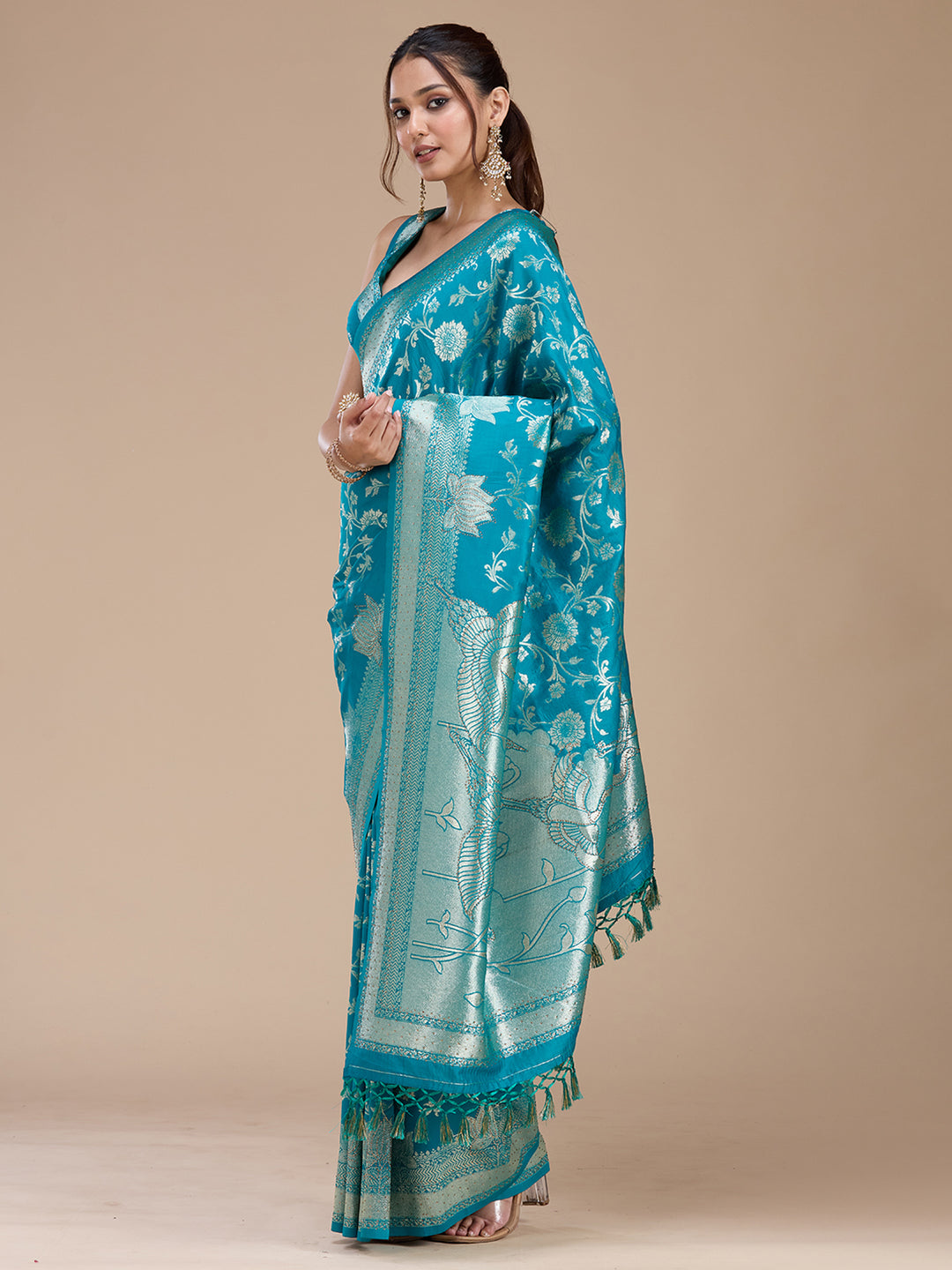 Turquoise Blue Stonework Silk Saree