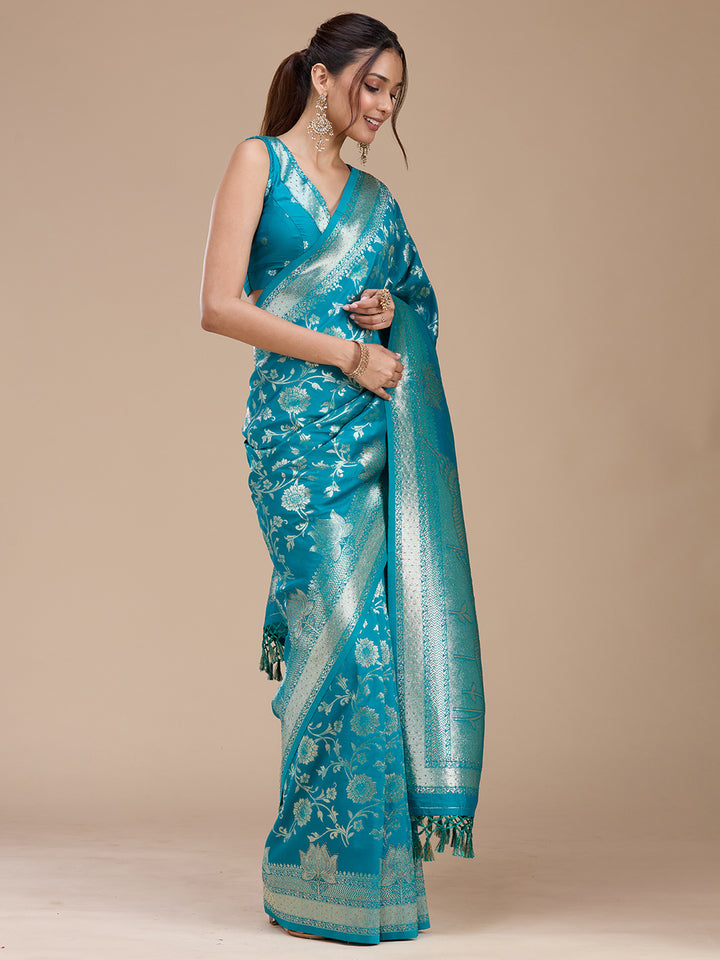 Turquoise Blue Stonework Silk Saree