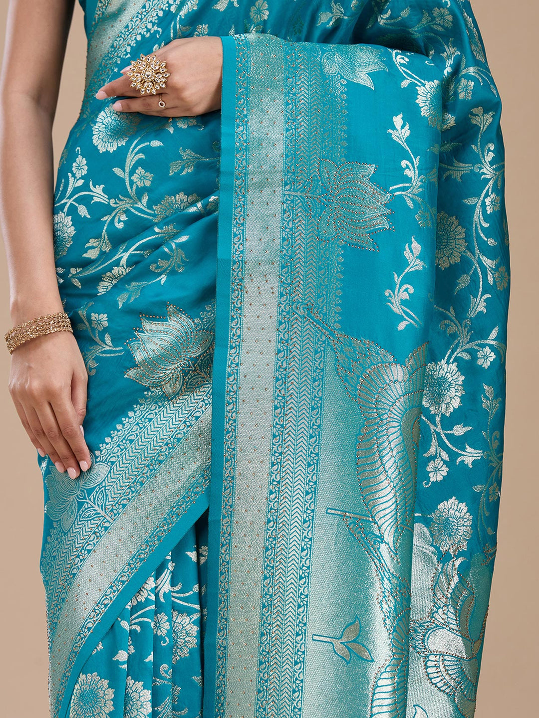 Turquoise Blue Stonework Silk Saree