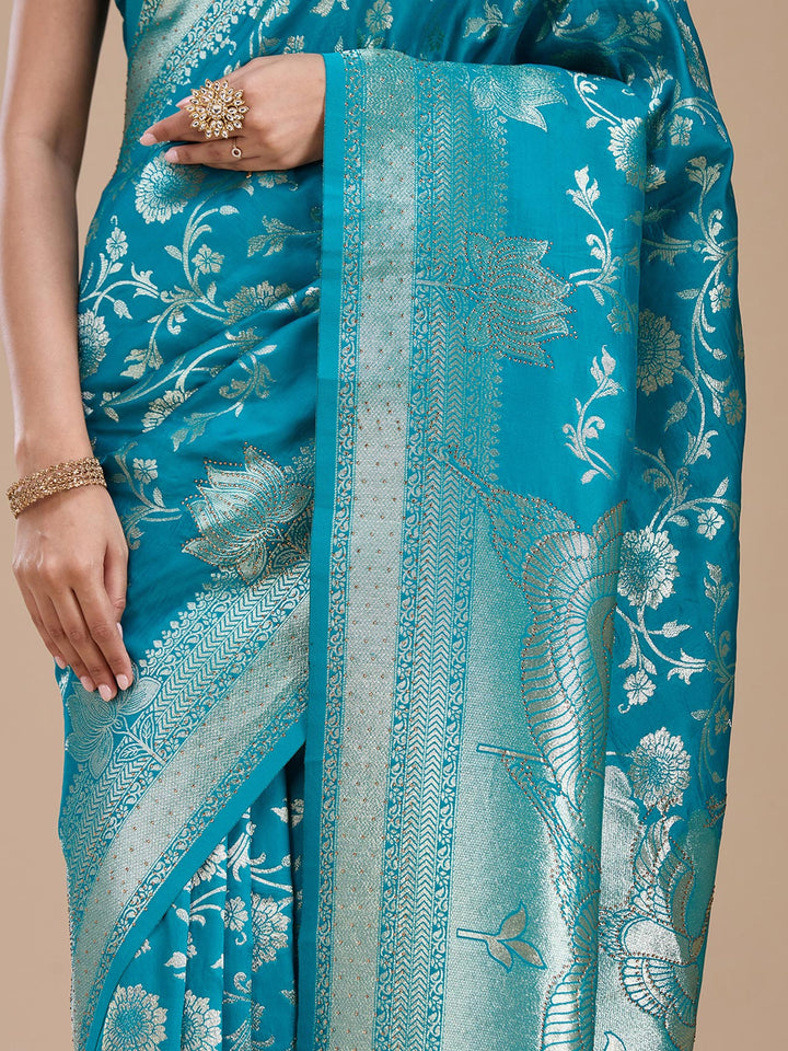 Turquoise Blue Stonework Silk Saree