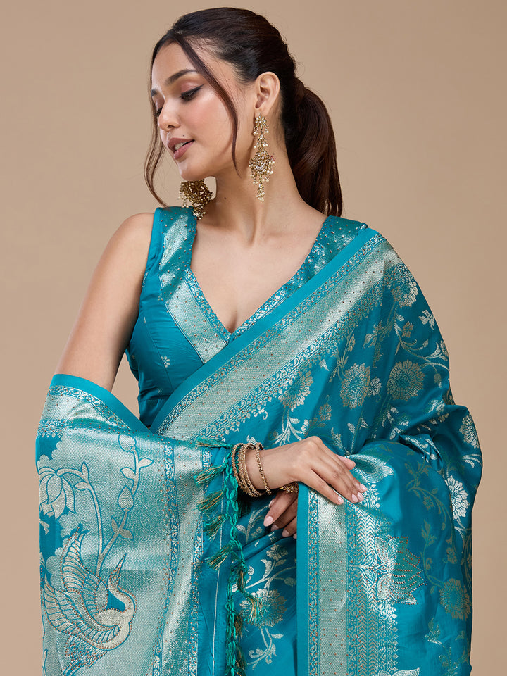 Turquoise Blue Stonework Silk Saree