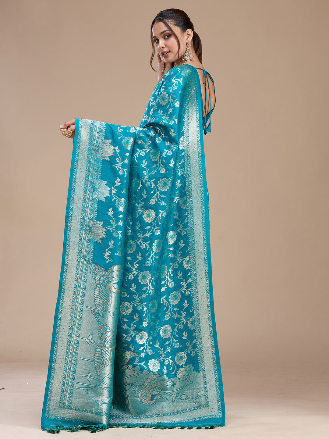 Turquoise Blue Stonework Silk Saree