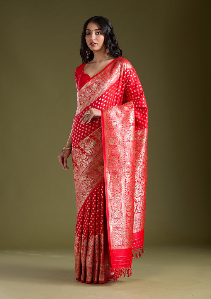 Red Stonework Banarasi Silk Saree