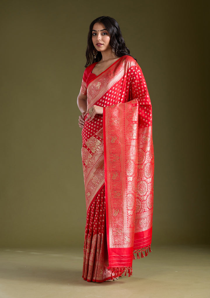 Red Stonework Banarasi Silk Saree