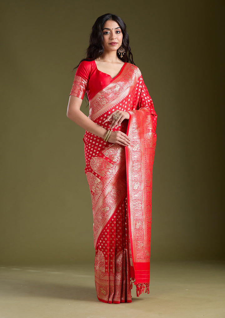 Red Stonework Banarasi Silk Saree