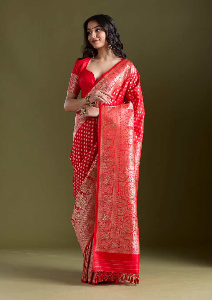 Red Stonework Banarasi Silk Saree