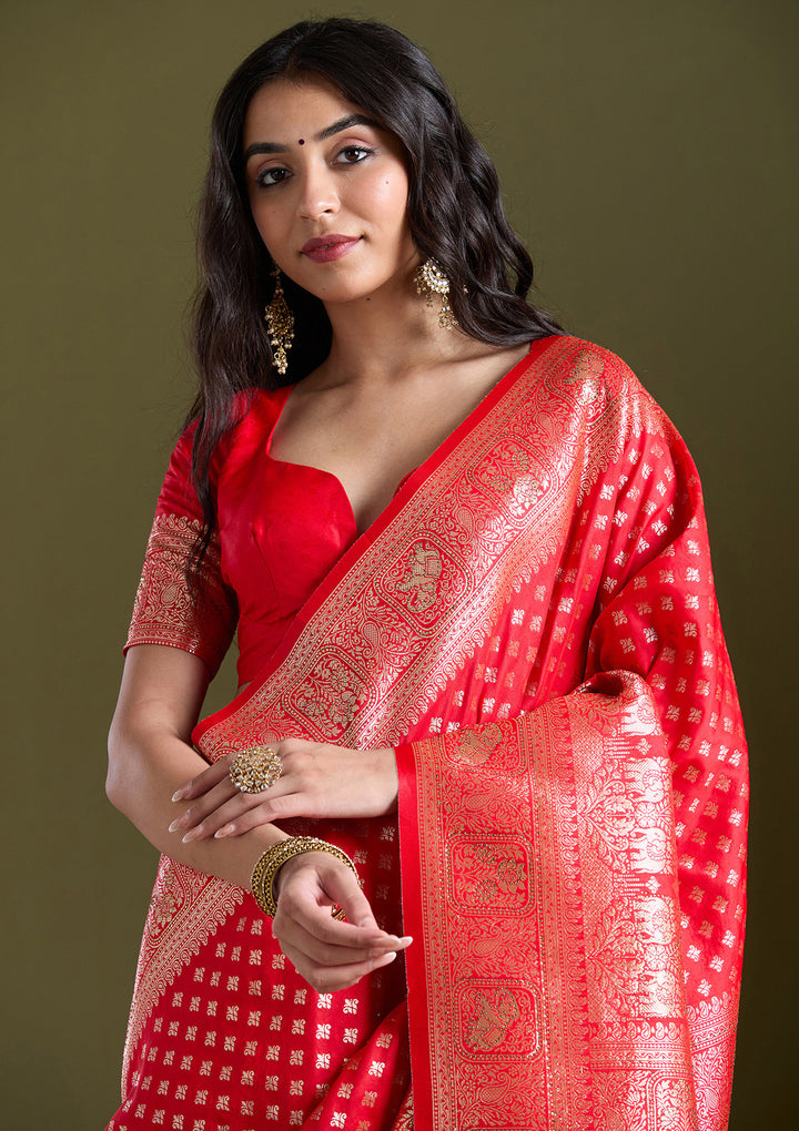 Red Stonework Banarasi Silk Saree