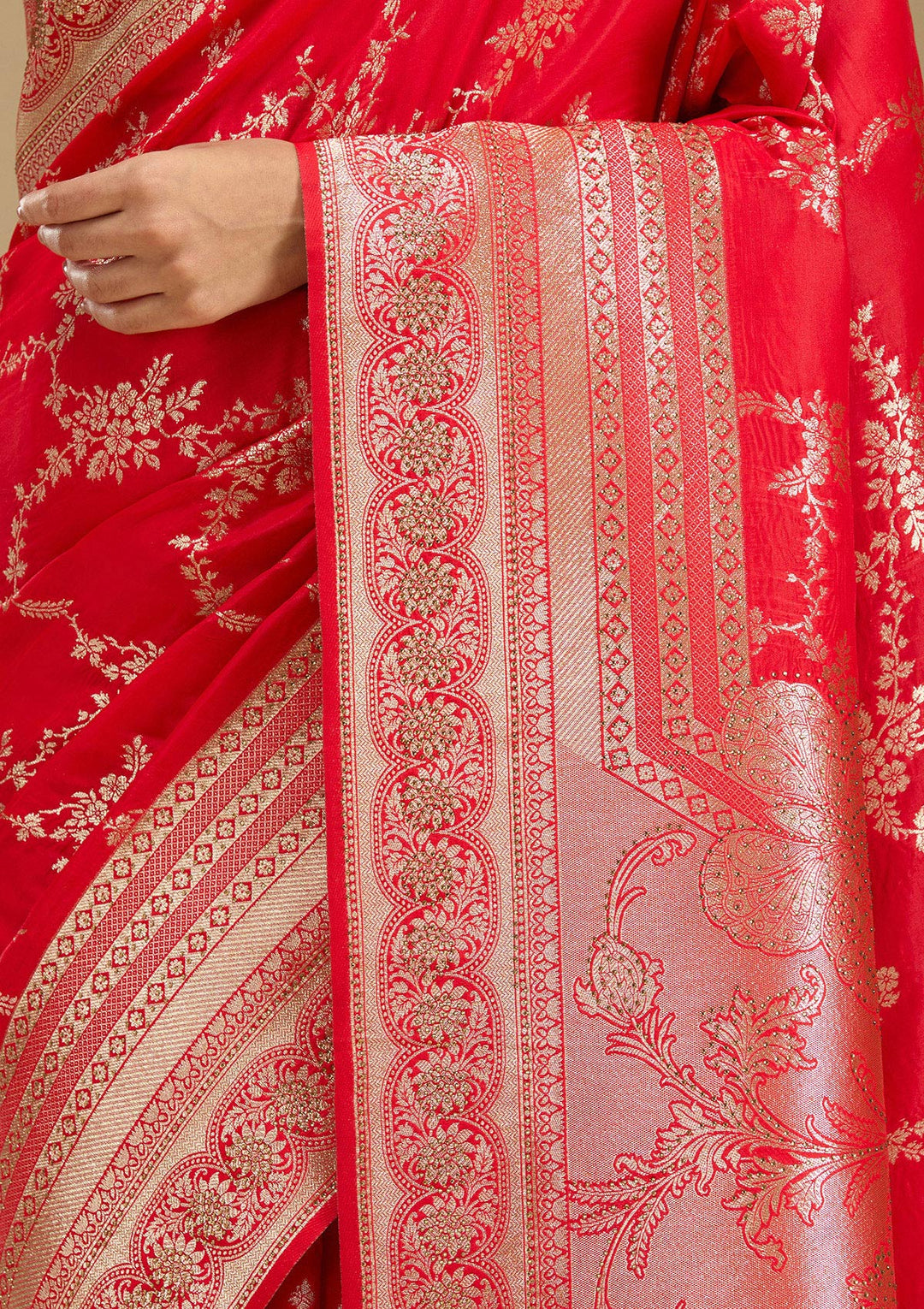 Red Stonework Silk Saree