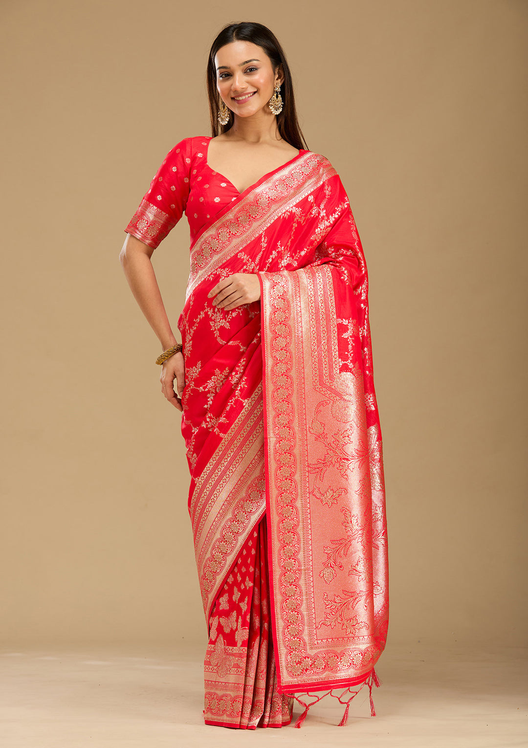 Red Stonework Silk Saree