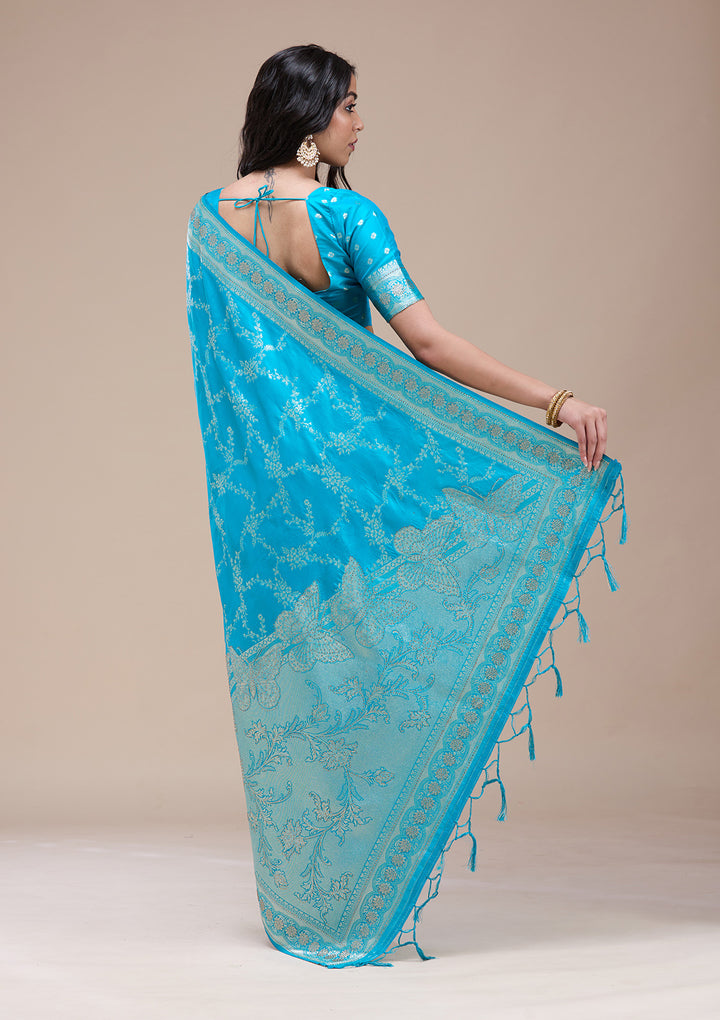 Turquoise Blue Stonework Banarasi Silk Saree