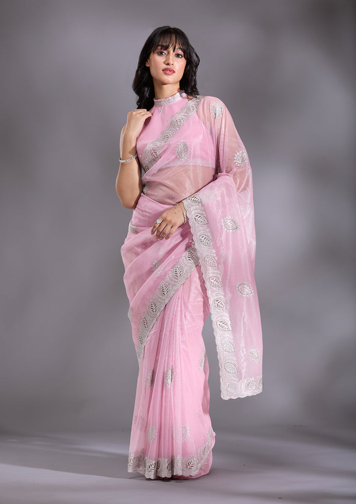 Baby Pink Cutwork Organza Saree