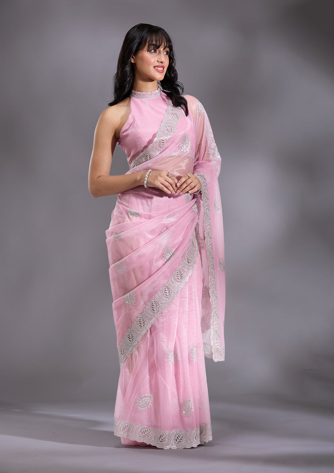 Baby Pink Cutwork Organza Saree